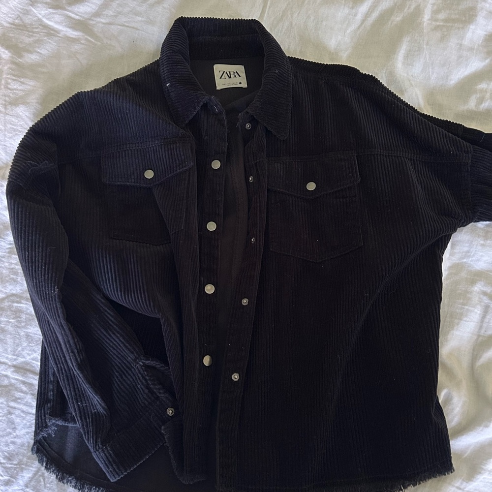 Zara Corduroy Shacket Jacket Womens Black Snap Front Pockets Shirt